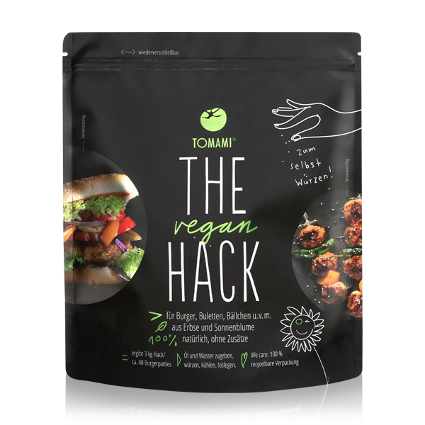 Tomami The Vegan Hack! 1 kg Produktbild eines Beutels The Vegan Hack! 1 kg von Tomami vor weißem Hintergrund