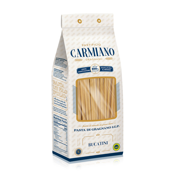 Pastificio Carmiano Bucatini Gragnano Produktbild: eine 500 g Packung Bucatini di Gragnano von Pastificio Carmiano vor weißem Hintergrund