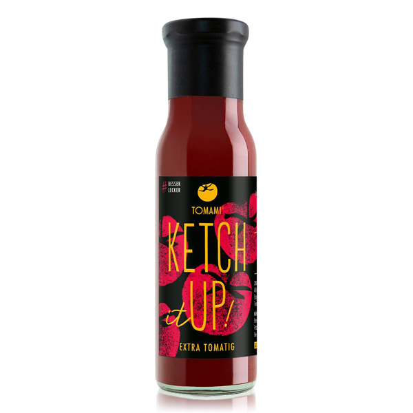 Tomami Ketchup 240 ml Produktbild einer Flasche Ketchup 240 ml von Tomami vor weißem Hintergrund