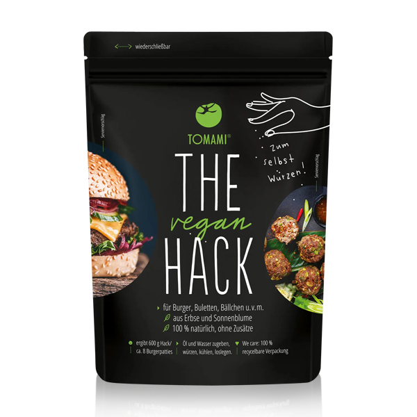 Tomami The Vegan Hack! 200 g Produktbild eines Beutels The Vegan Hack! 200 g von Tomami vor weißem Hintergrund