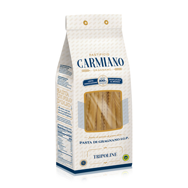Pastificio Carmiano Tripoline Gragnano Produktbild: eine 500 g Packung Tripoline di Gragnano von Pastificio Carmiano vor weißem Hintergrund