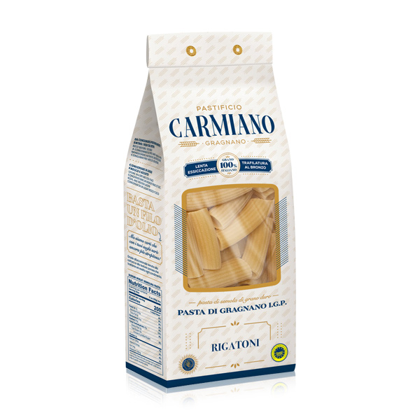Pastificio Carmiano Rigatoni Gragnano Produktbild: eine 500 g Packung Rigatoni di Gragnano von Pastificio Carmiano vor weißem Hintergrund
