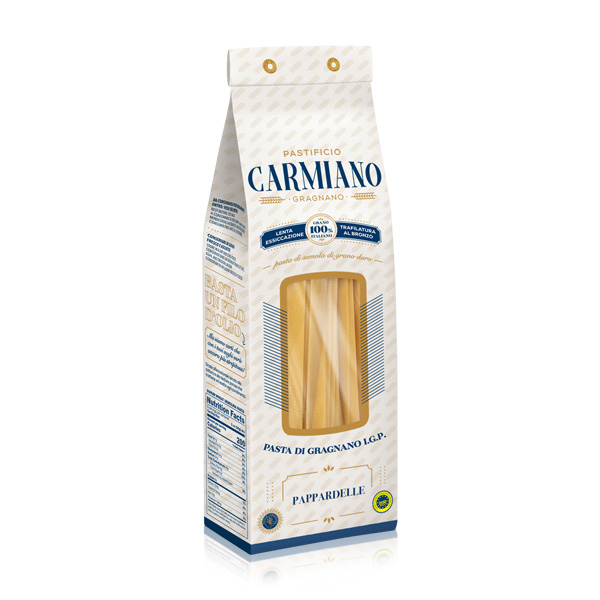 Pastificio Carmiano Pappardelle Gragnano Produktbild: eine 500 g Packung Pappardelle di Gragnano von Pastificio Carmiano vor weißem Hintergrund
