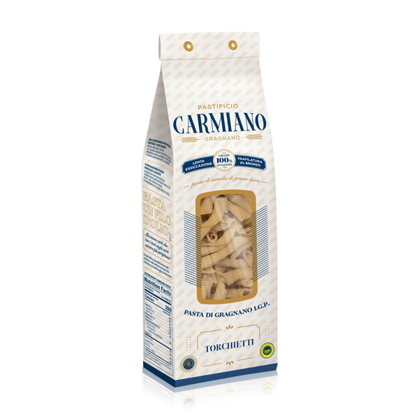 Pastificio Carmiano Torchietti Gragnano Produktbild: eine 500 g Packung Torchietti di Gragnano von Pastificio Carmiano vor weißem Hintergrund