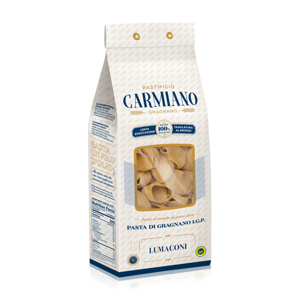 Pastificio Carmiano Lumaconi Gragnano Produktbild: eine 500 g Packung Lumaconi di Gragnano von Pastificio Carmiano vor weißem Hintergrund