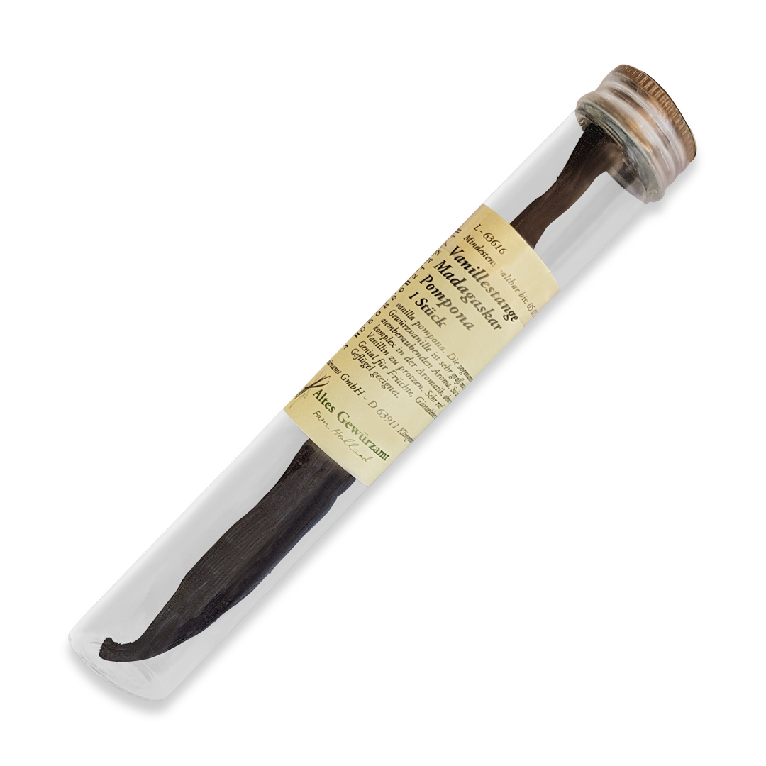 Altes Gewürzamt Vanille Pompona Glasröhrchen Produktbild Altes Gewürzamt Vanille Pompona Glasröhrchen