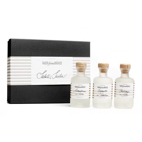 Faude Feine Brände Geschenkbox Salute Sicilia 3 × 10cl Flasche Produktbild der geschlossenen Faude Feine Brände Geschenkbox Salute Sicilia 3 × 10cl vor weißem Hintergrund